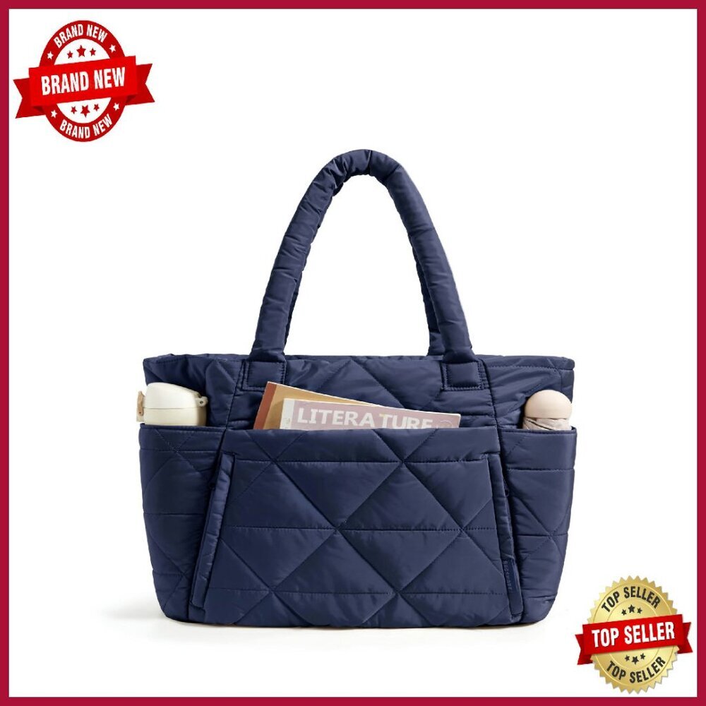 Large Puffy Tote Bag With Zipper, Quilted Shoulder Bag For Travel Work Gym